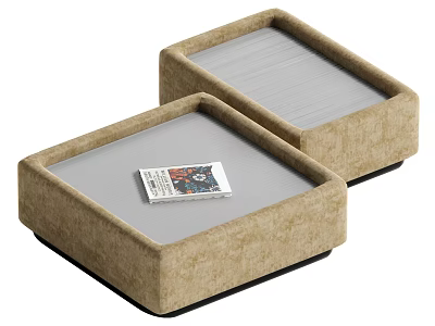 Two Square Beige Velvet Coffee Tables With a Card Placed on Top Surface 3d model