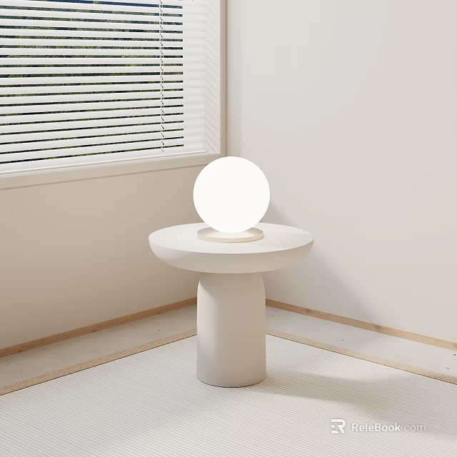 Modern Minimalist White Side Table with Spherical Lamp in Corner by Window Blinds 3d model