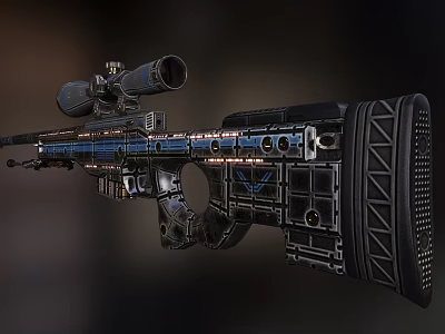 Futuristic Sniper Rifle With Sniper Scope Blue Lighting Effects Metallic Body And Detailed Structure 3d model