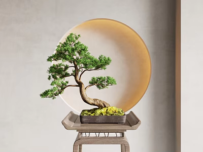 Bonsai Plant with Curved Trunk in Square Tray on Small Stool Round Yellow Light Background 3d model