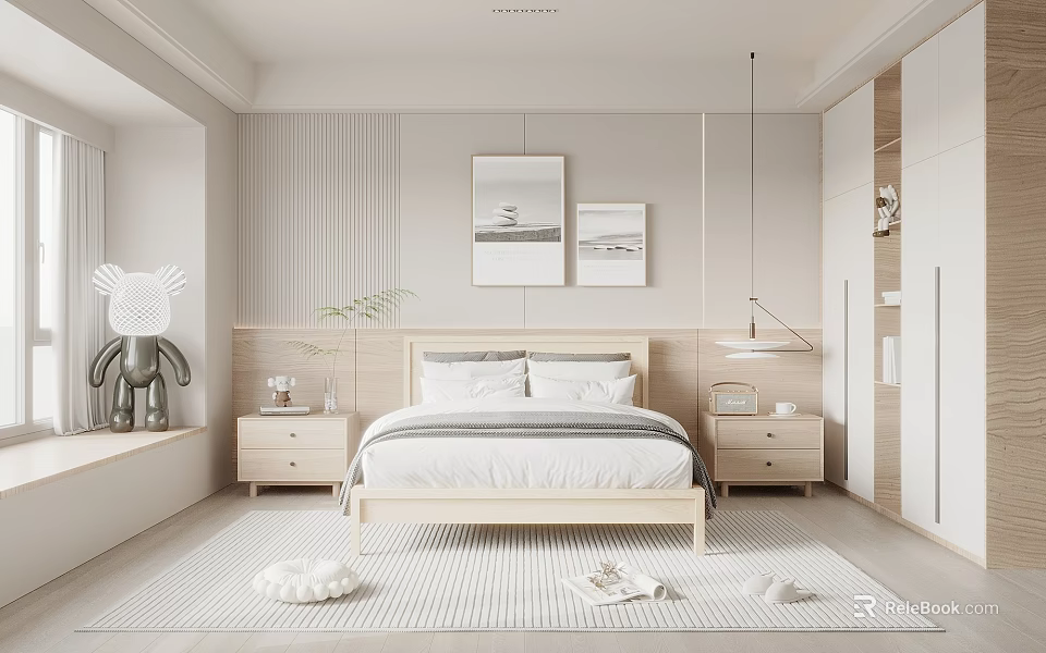 Minimalist Bedroom Interior Design With Wooden Headboard White Bedding Nightstands Wall Art And Carpet 3d model 