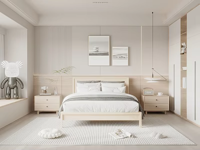Minimalist Bedroom Interior Design With Wooden Headboard White Bedding Nightstands Wall Art And Carpet 3d model