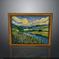 Van Gogh Style Landscape Painting With Wooden Frame Yellow Sun Green Fields River And Mountains