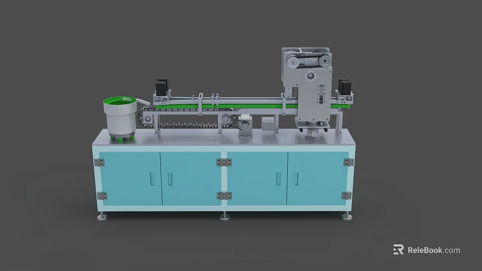 Industrial Equipment With Automated Conveyor Belt Green Components And Blue Cabinets 3d model 