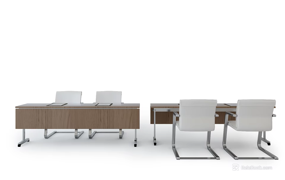 Modern Wooden Conference Table With White Chairs And Metal Legs Design 3d model 