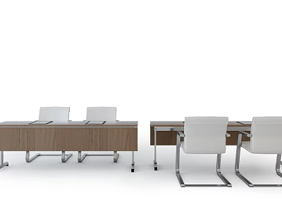 Modern Wooden Conference Table With White Chairs And Metal Legs Design 3d model