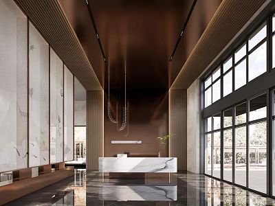 Modern Hotel Lobby Interior With Marble Reception Desk Large Glass Windows And Hanging Chandeliers 3d model