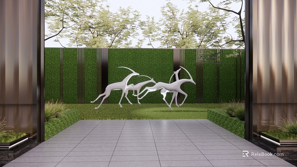 Dynamic White Antelope Sculpture in Outdoor Courtyard with Green Vertical Wall and Gray Floor Tiles 3d model 