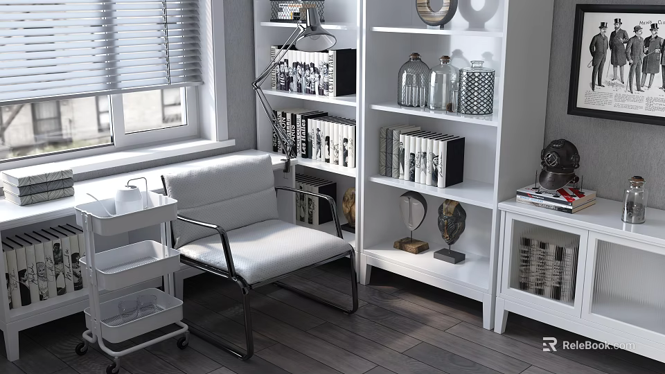 White Leather Accent Chair With Metal Frame In Cozy Room With Bookshelf And Blinds 3d model 