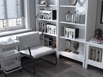 White Leather Accent Chair With Metal Frame In Cozy Room With Bookshelf And Blinds 3d model