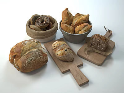 Fresh Artisan Bread Selection With Pastries Bagels On Wooden Boards And Bowls 3d model