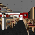 Modern Restaurant Interior With Wooden Tables Red Seats Black Floor Open Counter And Wall Posters