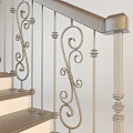 Elegant Staircase with Wooden Steps Ornate Metal Railings and Decorative Scroll Patterns