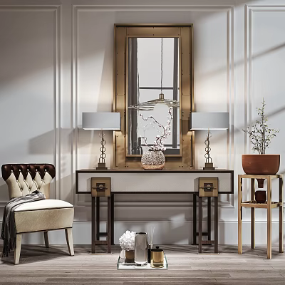 Elegant Modern Entryway Console Table And Side Cabinet With Mirror Table Lamps Vase And Plant 3d model