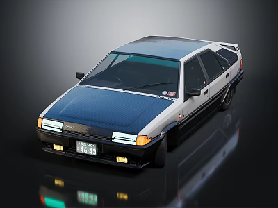 Vintage Blue And White Car With Retro Design Rectangular Headlights And Front License Plate 3d model