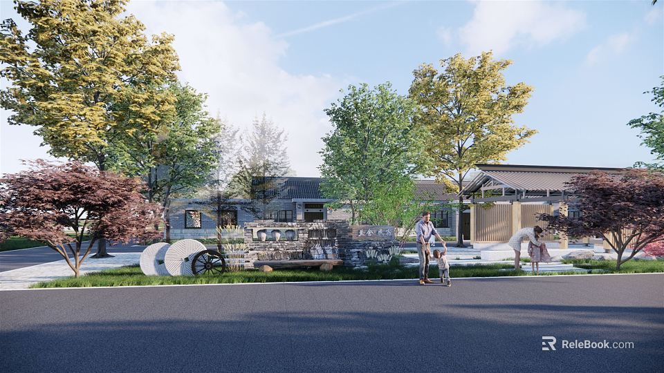 Scenic Garden Wall Featuring Traditional Design Green Trees and Parent Child in Outdoor Scene 3d model 