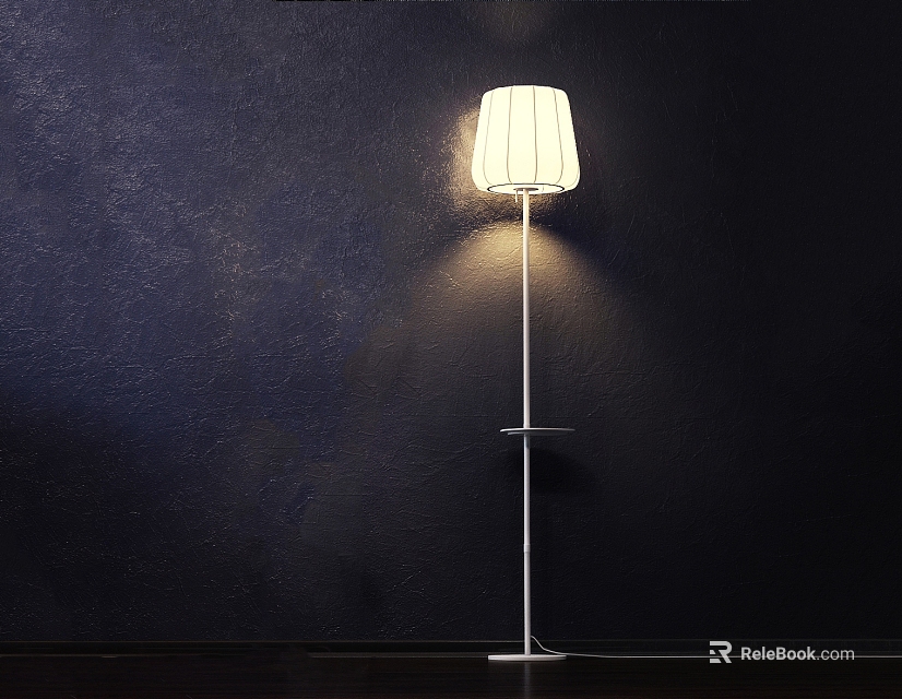Stylish White Floor Lamp With Pleated Lampshade And Shelf Against Dark Wall 3d model 