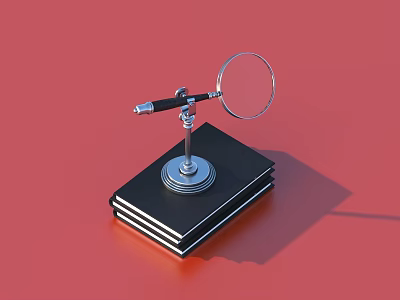 Practical Magnifying Glass With Metal Stand On Stacked Black Notebooks Red Background 3d model