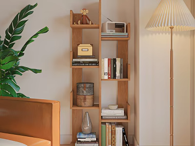 Wooden Bookcase With Books Radio And Decorative Items Near Green Plant And Floor Lamp 3d model
