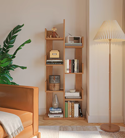 Wooden Bookcase With Books Radio And Decorative Items Near Green Plant And Floor Lamp 3d model