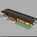 Traditional Building With Red Tile Roof Connected Sections Green Lawn And Gray Paved Ground