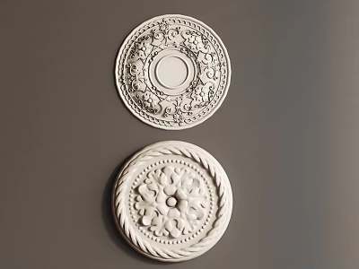 Two Decorative White Ceiling Medallions With Intricate Carved Floral Patterns Classic Design 3d model