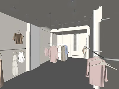 Clothing Store Interior With Hanging Apparel And Display Racks In Light Pink White Brown 3d model