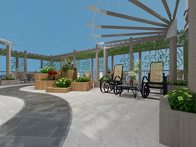 Beautiful Courtyard Garden With Pergola Wooden Planters Stone Pathway And Outdoor Seating 3d model