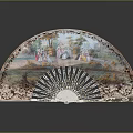 Decorative Fan Shaped Pendant With Hand Painted Figures And Intricate Metal Patterns
