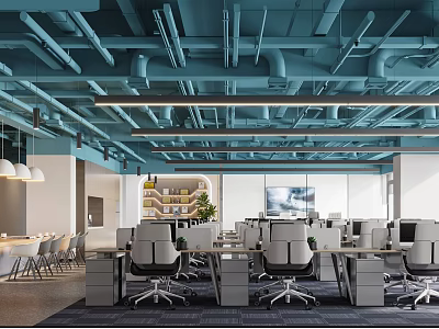 Modern Public Office Area Featuring Blue Ceiling Pipes Industrial Design Open Layout Office Desks Chairs 3d model