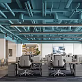 Modern Public Office Area Featuring Blue Ceiling Pipes Industrial Design Open Layout Office Desks Chairs