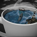 Cartoon Scene Inside White Cup With Blue Ocean Small Boat Dolphin And Lighthouse Under Clouds