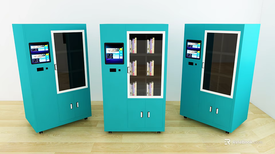 Three Blue Commercial Smart Storage Cabinets With Transparent Doors And Digital Screens 3d model 