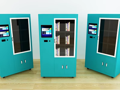 Three Blue Commercial Smart Storage Cabinets With Transparent Doors And Digital Screens 3d model