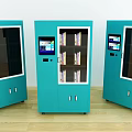 Three Blue Commercial Smart Storage Cabinets With Transparent Doors And Digital Screens