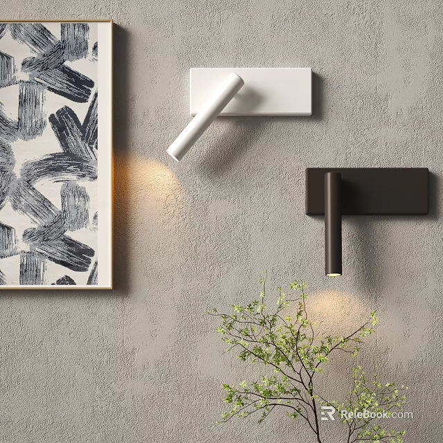 Modern Wall Lamps Mounted On Gray Wall With Abstract Painting And Green Plant 3d model 