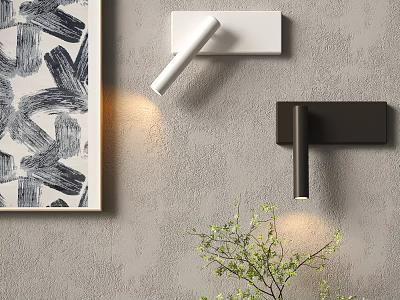 Modern Wall Lamps Mounted On Gray Wall With Abstract Painting And Green Plant 3d model