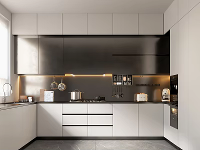 Modern Kitchen Interior With White And Black Cabinets Sleek Countertop And Under Cabinet Lighting 3d model
