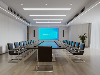 Modern Conference Room With Long Table Black Chairs Large Screen And Green Plant 3d model