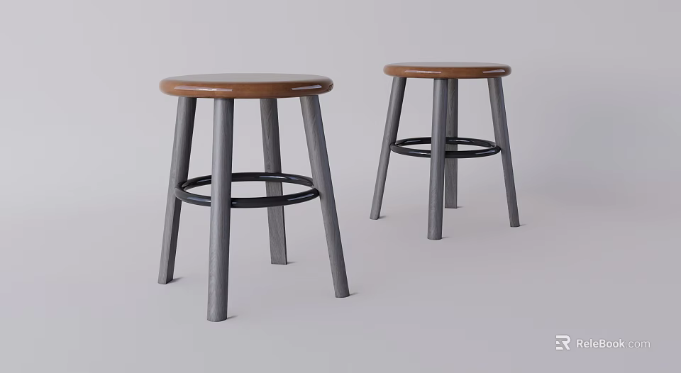 Two Bar Stools With Wooden Seats Gray Metal Legs And Black Ring Footrests 3d model 