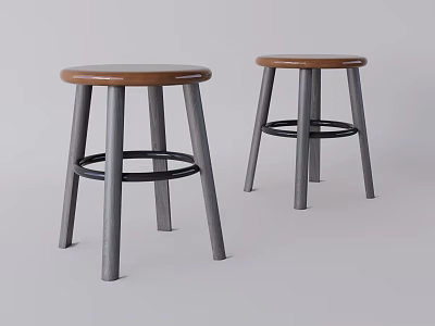Two Bar Stools With Wooden Seats Gray Metal Legs And Black Ring Footrests 3d model