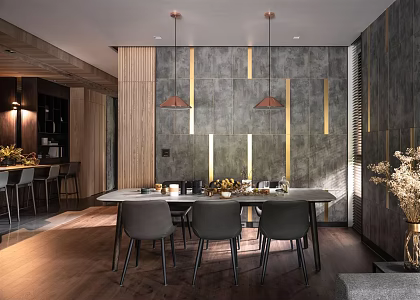 Modern restaurant dining table and chair combination metal chandelier background 3d model