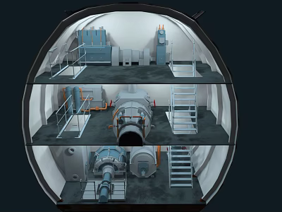 Cross Section View of Industrial Equipment with Multiple Levels Stairs and Mechanical Components 3d model