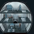 Cross Section View of Industrial Equipment with Multiple Levels Stairs and Mechanical Components