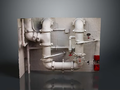 Industrial Wall Mounted Pipe System With White Pipes Valves And Red Equipment 3d model