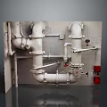 Industrial Wall Mounted Pipe System With White Pipes Valves And Red Equipment