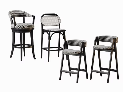 Modern Bar Stools With Checkerboard Fabric And Wooden Frame In Various Heights 3d model