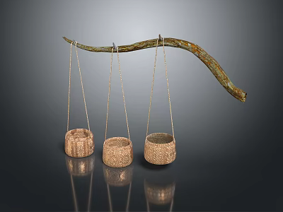 Handmade Woven Storage Baskets Hanging On Curved Branch For Home Decor 3d model