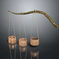 Handmade Woven Storage Baskets Hanging On Curved Branch For Home Decor