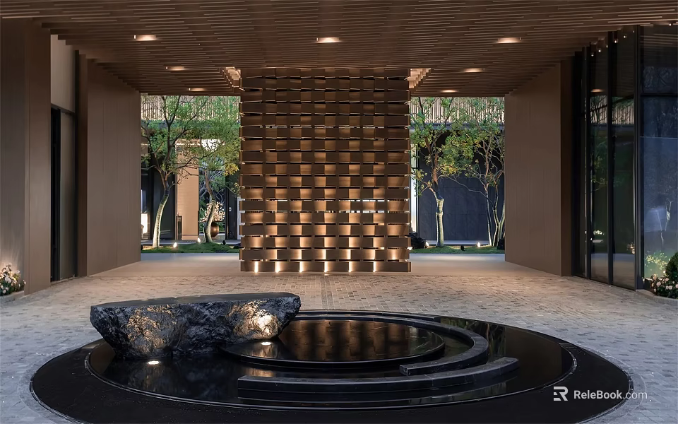 Modern Sales Office Entrance With Circular Water Feature Stone Ornament And Illuminated Wall 3d model 